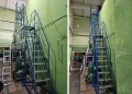 Drabina jezdna dwupoziomowa, podest stalowy, pomost roboczy 8-stopniowy, wysokość rob. 3,75 m